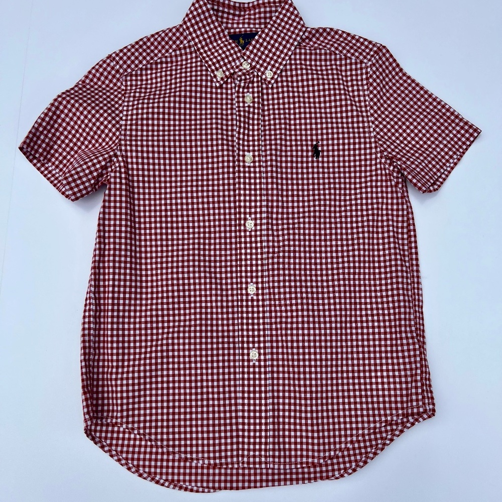 Ralph Lauren Short Sleeved Button Down Shirt, Red Gingham, Size 6